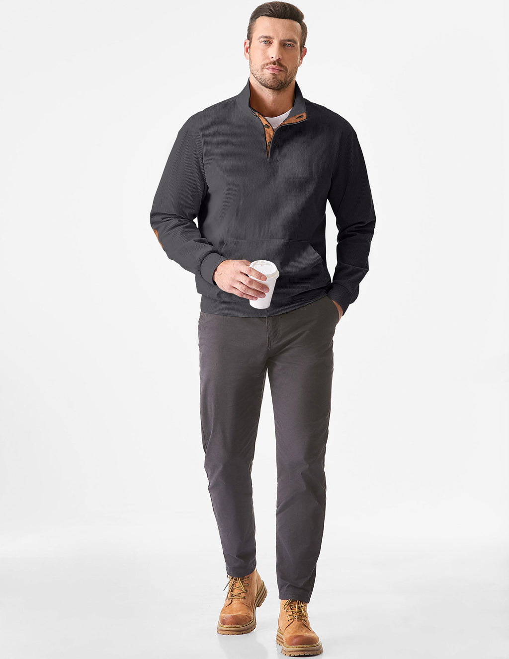 Dokotoo Men Men's Corduroy Sweatshirt Casual Long Sleeve Stand Collar Knitted Pullover Button Sweaters with Pockets