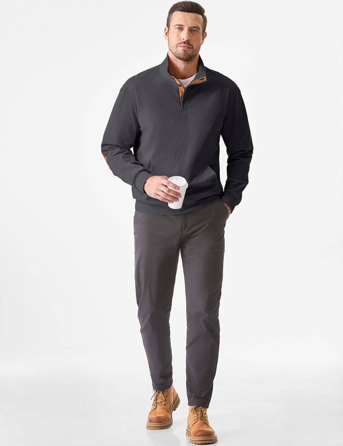 Dokotoo Men Men's Corduroy Sweatshirt Casual Long Sleeve Stand Collar Knitted Pullover Button Sweaters with Pockets