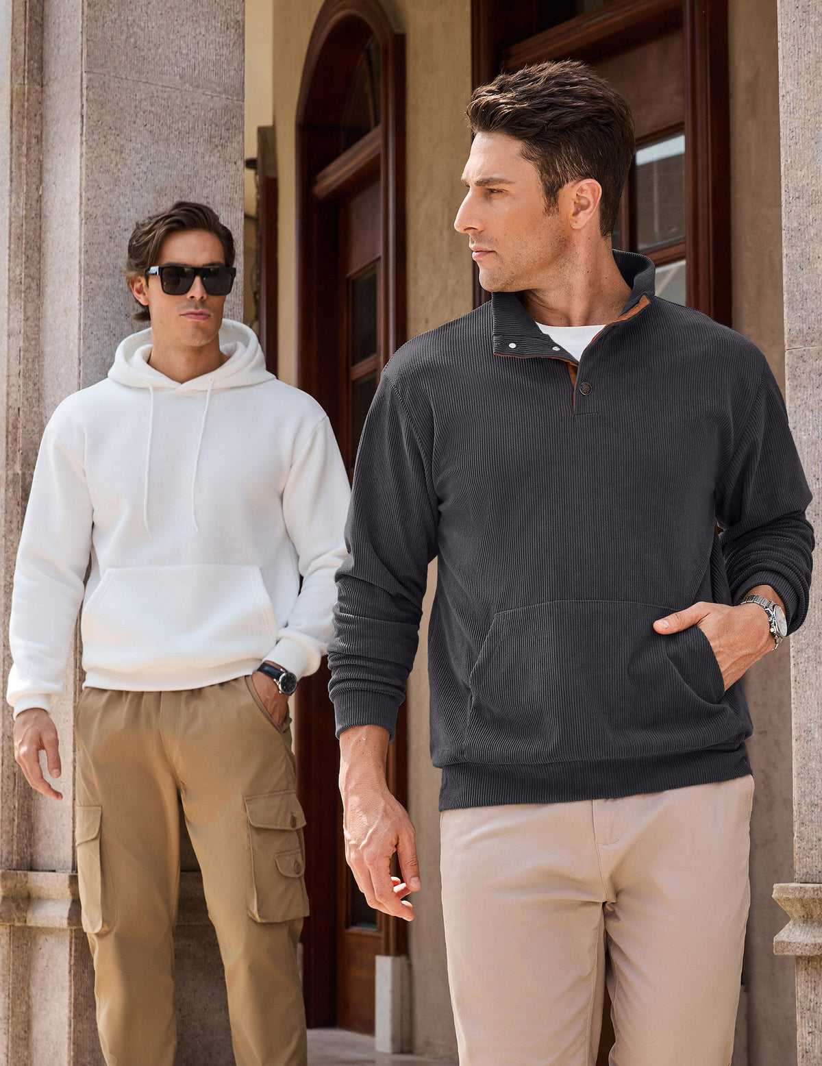 Dokotoo Men Men's Corduroy Sweatshirt Casual Long Sleeve Stand Collar Knitted Pullover Button Sweaters with Pockets