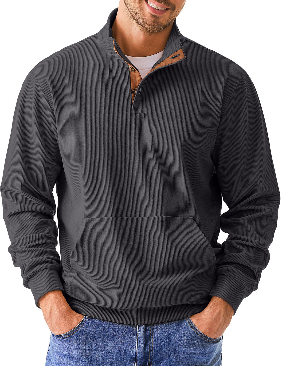 Dokotoo Men Men's Corduroy Sweatshirt Casual Long Sleeve Stand Collar Knitted Pullover Button Sweaters with Pockets