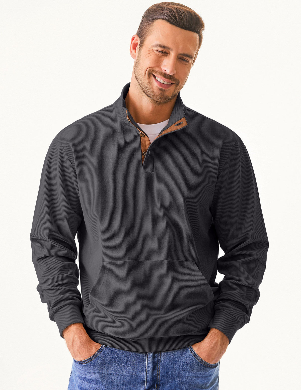 Dokotoo Men Men's Corduroy Sweatshirt Casual Long Sleeve Stand Collar Knitted Pullover Button Sweaters with Pockets