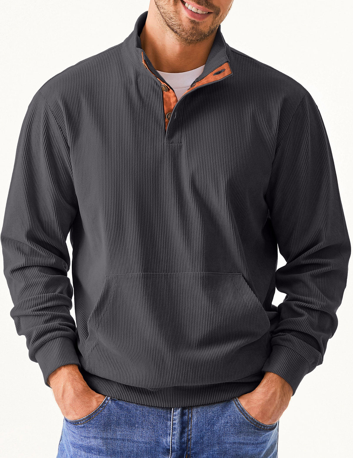 Dokotoo Men Men's Corduroy Sweatshirt Casual Long Sleeve Stand Collar Knitted Pullover Button Sweaters with Pockets