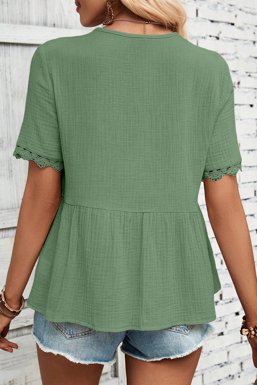 Dokotoo Womens Short Sleeve Babydoll Tops Lace Trim V Neck Cotton Tunic