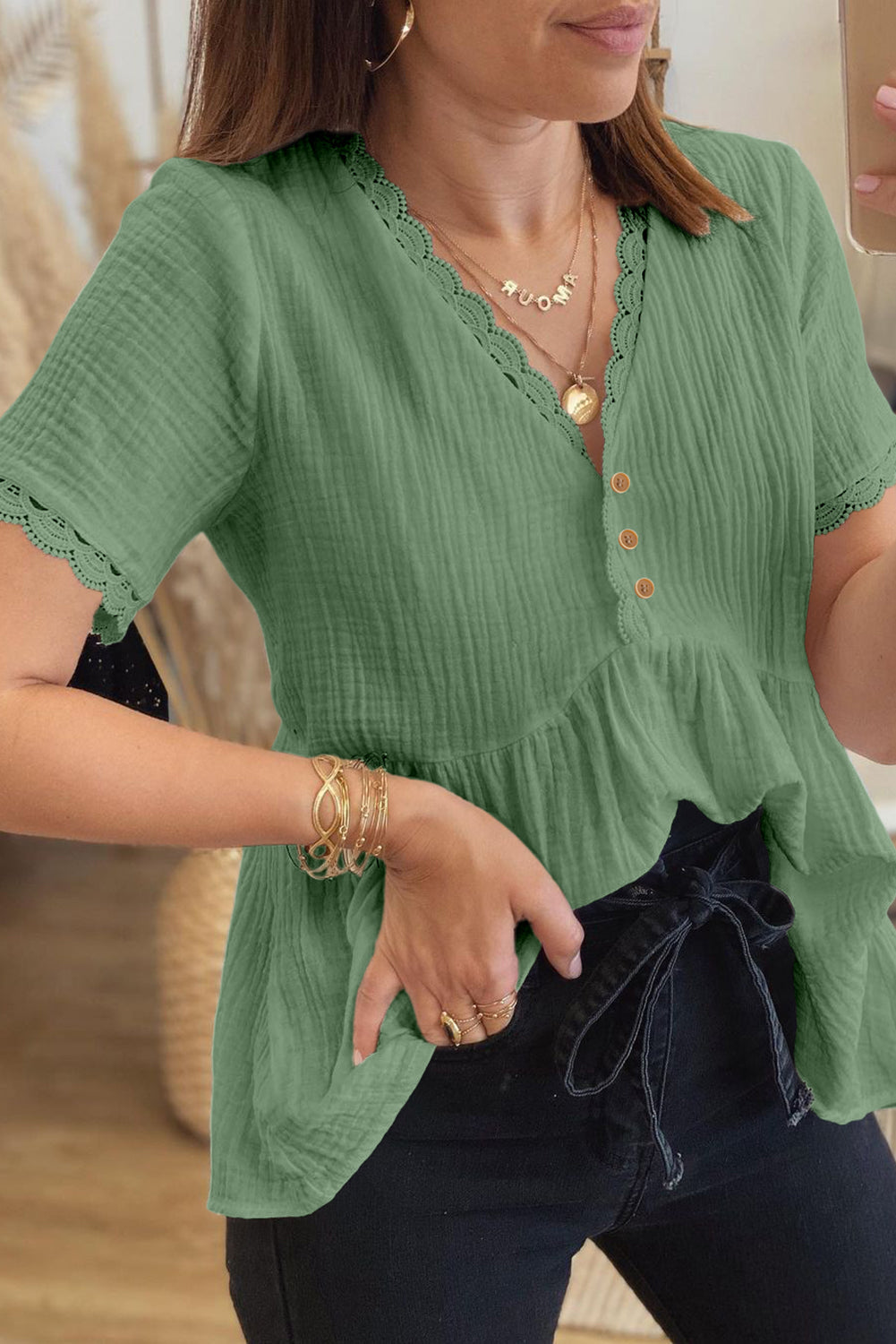 Dokotoo Womens Short Sleeve Babydoll Tops Lace Trim V Neck Cotton Tunic
