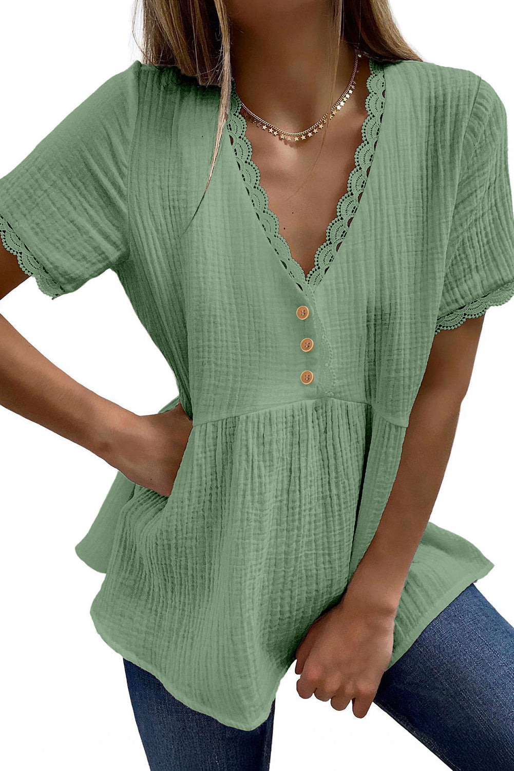 Dokotoo Womens Short Sleeve Babydoll Tops Lace Trim V Neck Cotton Tunic