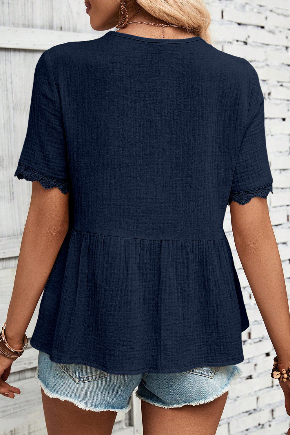 Dokotoo Womens Short Sleeve Babydoll Tops Lace Trim V Neck Cotton Tunic