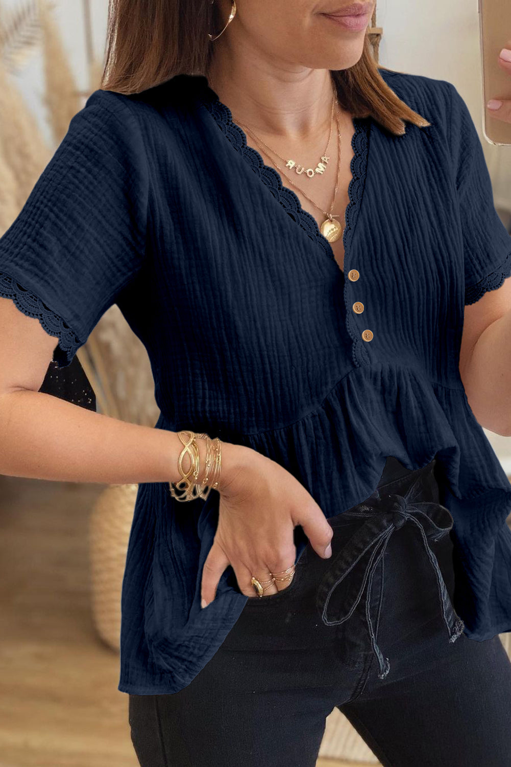 Dokotoo Womens Short Sleeve Babydoll Tops Lace Trim V Neck Cotton Tunic