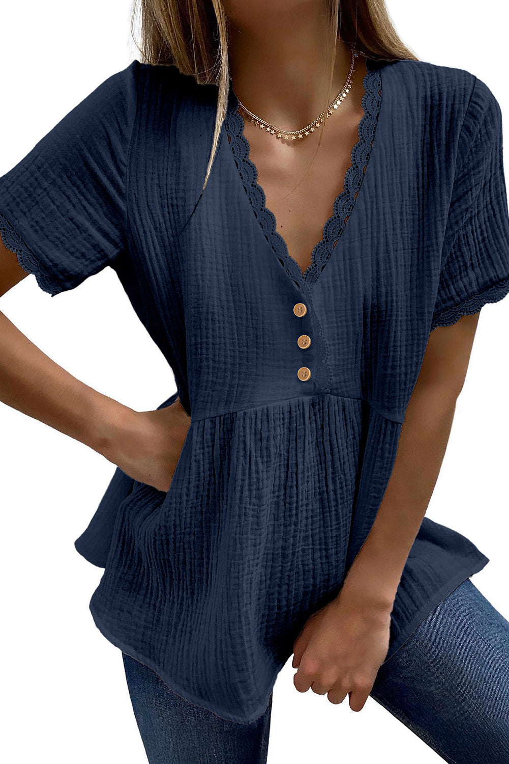 Dokotoo Womens Short Sleeve Babydoll Tops Lace Trim V Neck Cotton Tunic