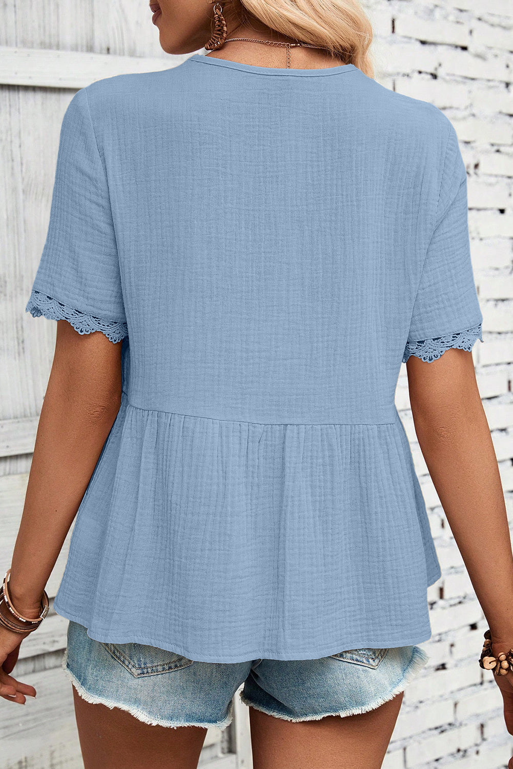 Dokotoo Womens Short Sleeve Babydoll Tops Lace Trim V Neck Cotton Tunic