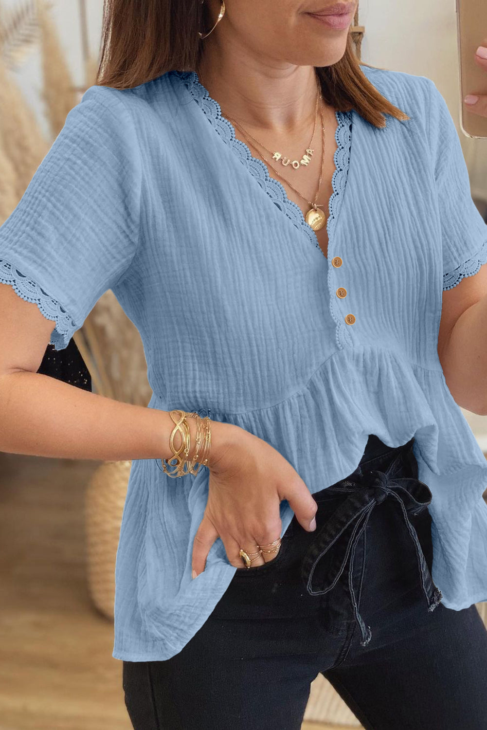 Dokotoo Womens Short Sleeve Babydoll Tops Lace Trim V Neck Cotton Tunic