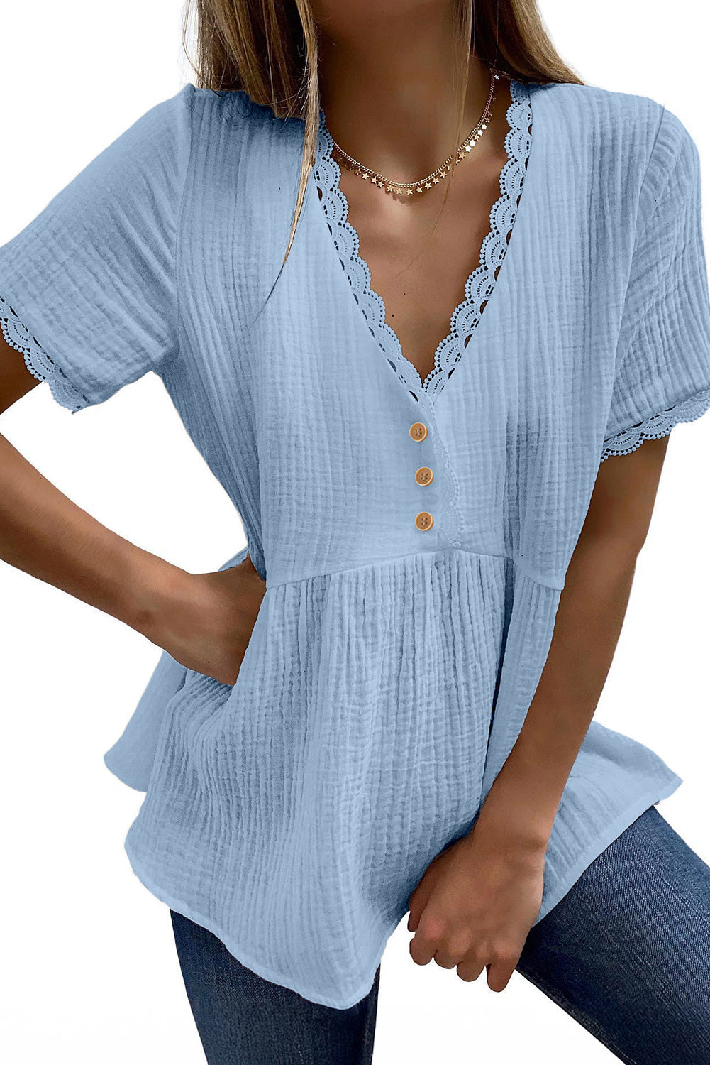 Dokotoo Womens Short Sleeve Babydoll Tops Lace Trim V Neck Cotton Tunic