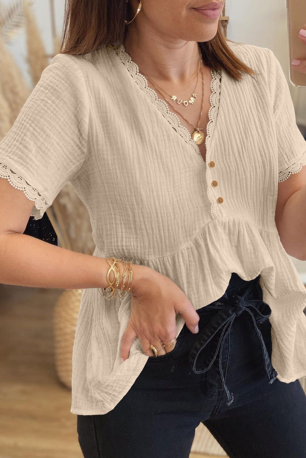 Dokotoo Womens Short Sleeve Babydoll Tops Lace Trim V Neck Cotton Tunic