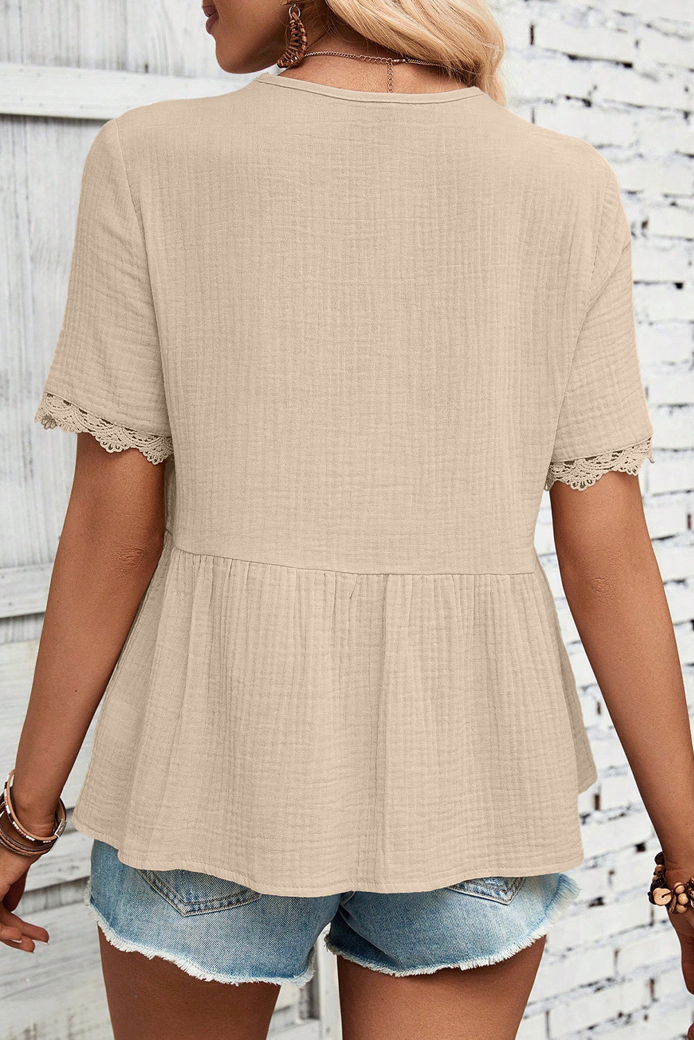 Dokotoo Womens Short Sleeve Babydoll Tops Lace Trim V Neck Cotton Tunic