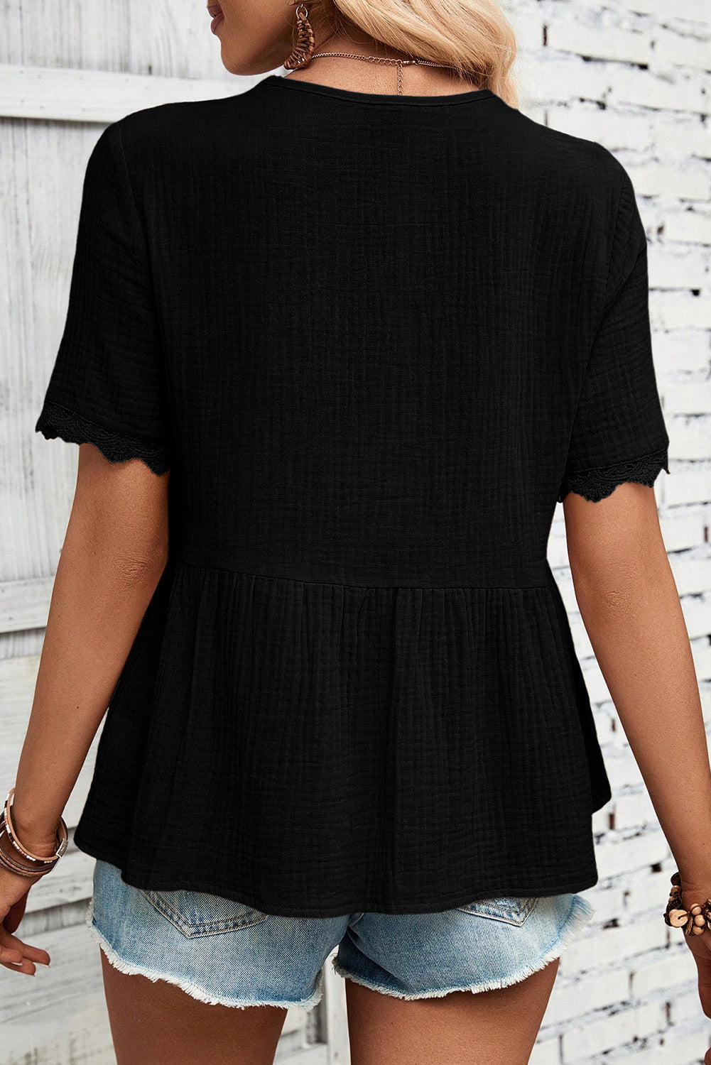 Dokotoo Womens Short Sleeve Babydoll Tops Lace Trim V Neck Cotton Tunic
