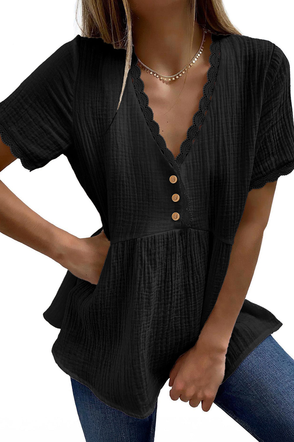 Dokotoo Womens Short Sleeve Babydoll Tops Lace Trim V Neck Cotton Tunic