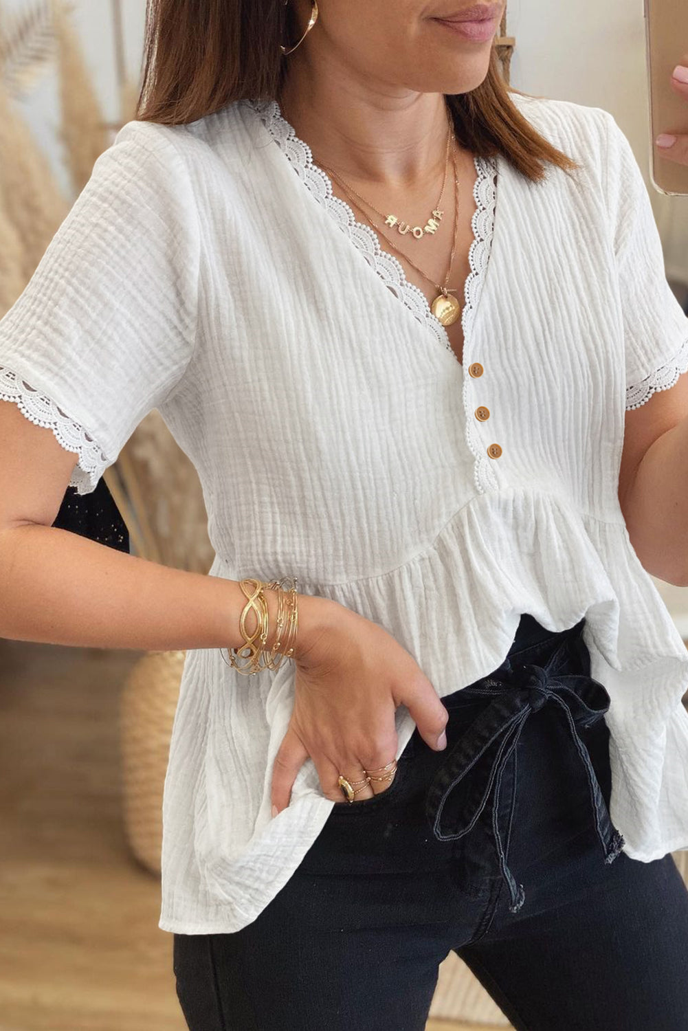 Dokotoo Womens Short Sleeve Babydoll Tops Lace Trim V Neck Cotton Tunic