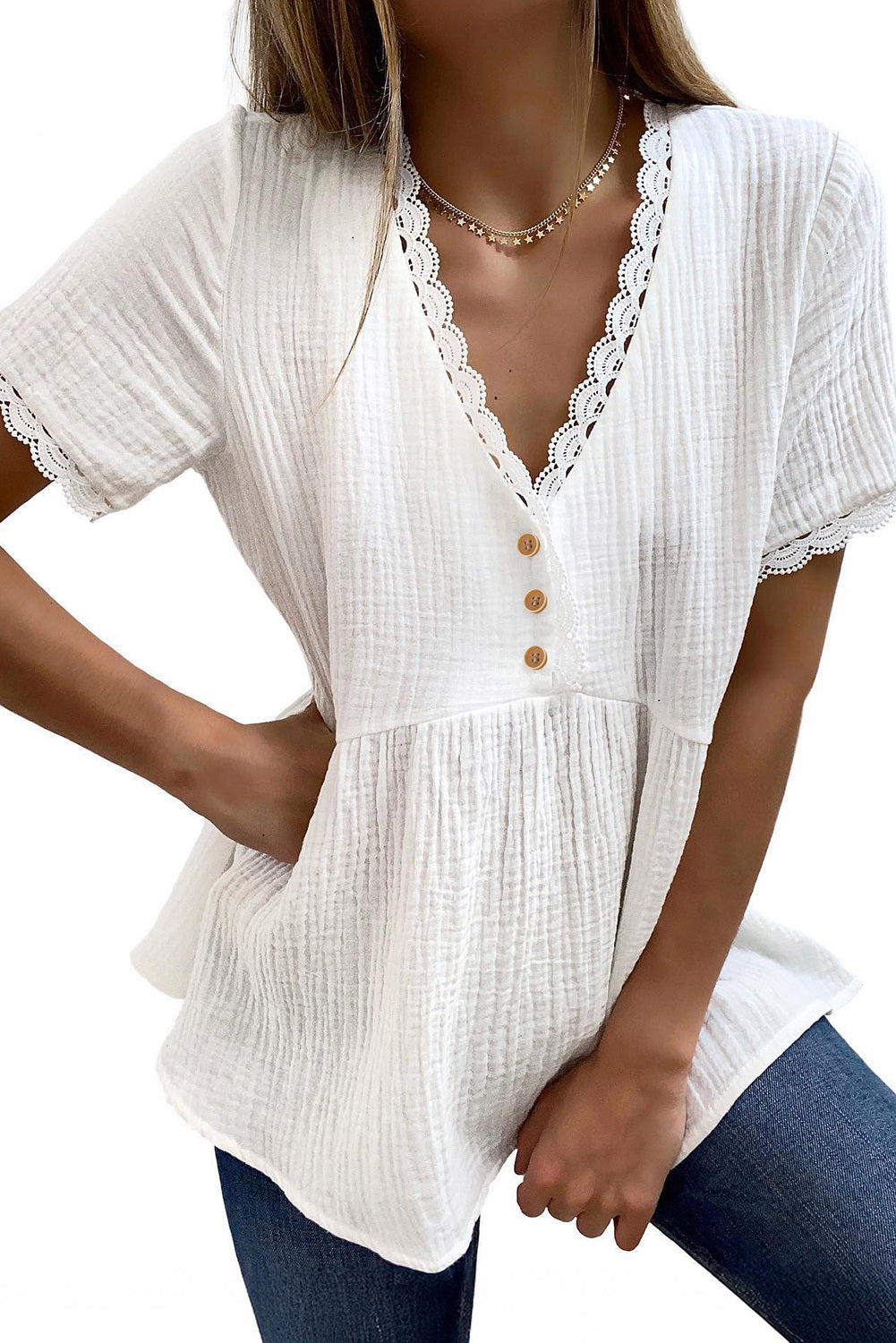 Dokotoo Womens Short Sleeve Babydoll Tops Lace Trim V Neck Cotton Tunic