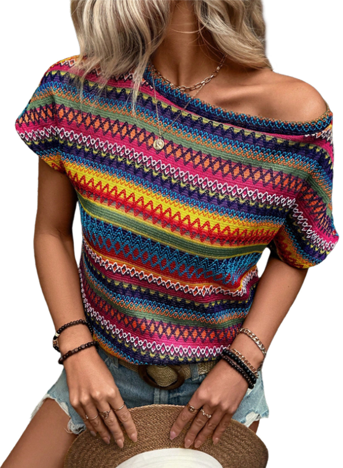 EMERY ROSE Women Geometric Print Round Neck Short Sleeve Casual T-Shirt
