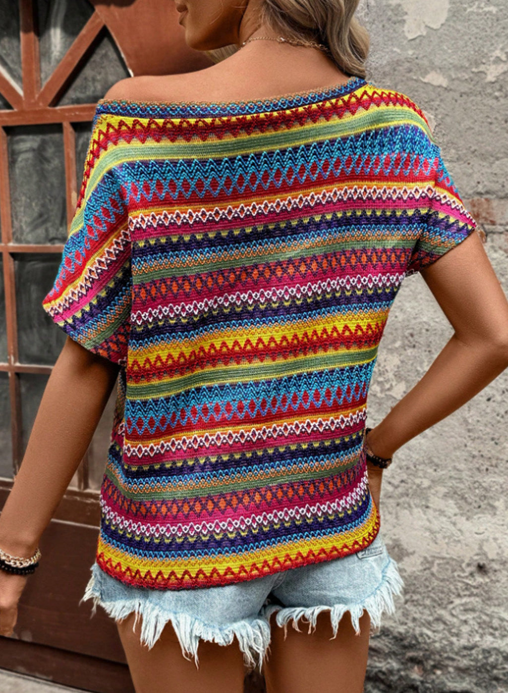 EMERY ROSE Women Geometric Print Round Neck Short Sleeve Casual T-Shirt
