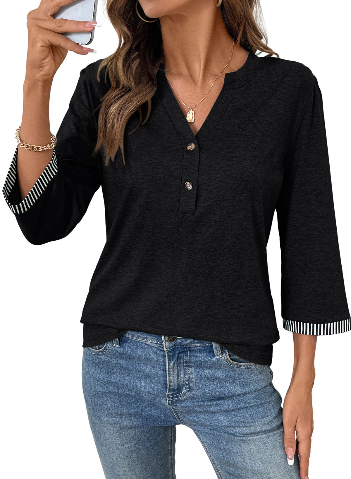 Dokotoo Womens Tops Fall 3/4 Length Sleeve Fashion Solid T-Shirts