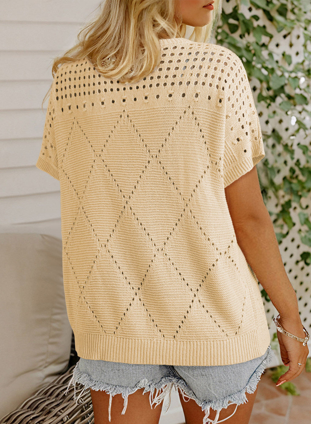 Solid Color Hollowed Detail Rhombus Pattern Knit Short Sleeve Sweater