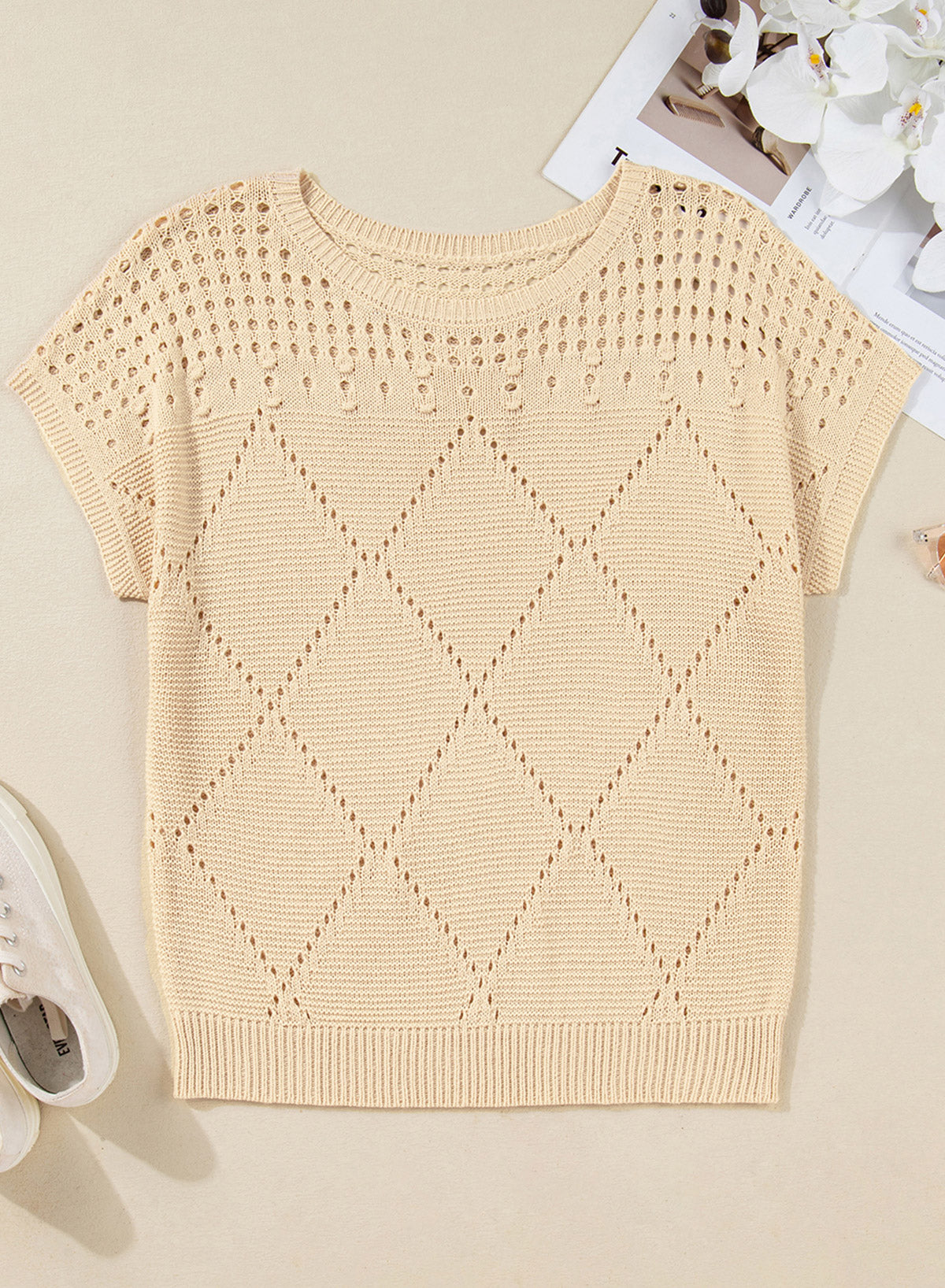 Solid Color Hollowed Detail Rhombus Pattern Knit Short Sleeve Sweater
