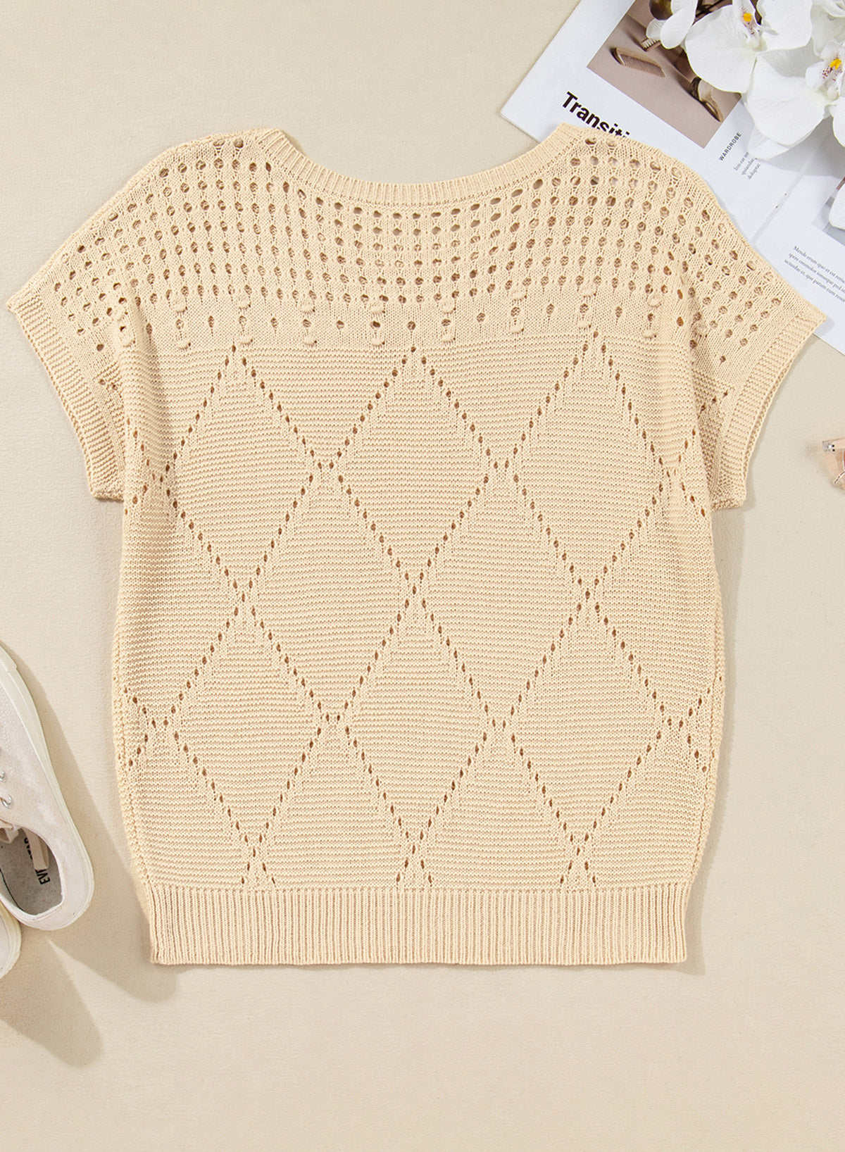 Solid Color Hollowed Detail Rhombus Pattern Knit Short Sleeve Sweater