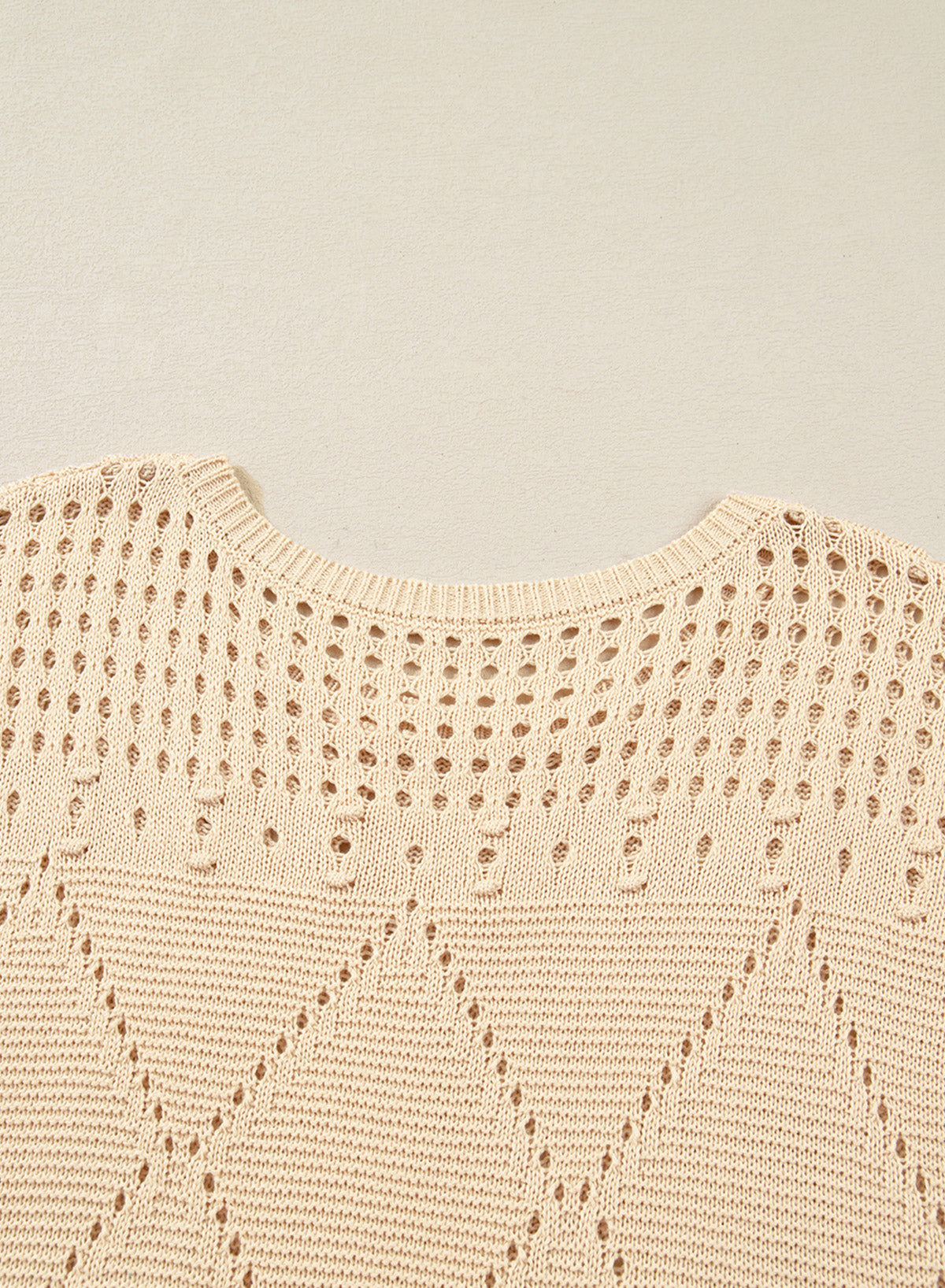 Solid Color Hollowed Detail Rhombus Pattern Knit Short Sleeve Sweater