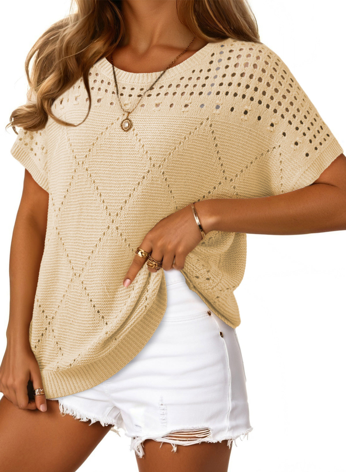 Solid Color Hollowed Detail Rhombus Pattern Knit Short Sleeve Sweater