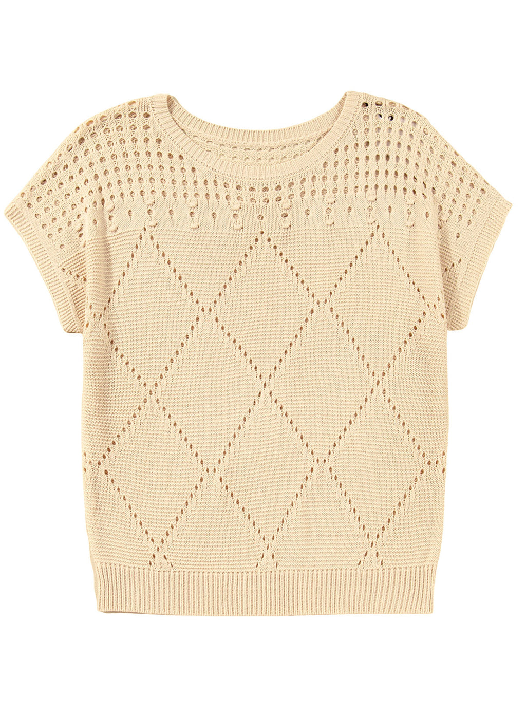 Solid Color Hollowed Detail Rhombus Pattern Knit Short Sleeve Sweater