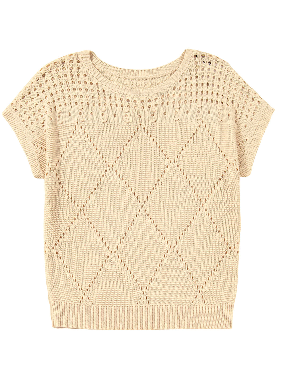 Solid Color Hollowed Detail Rhombus Pattern Knit Short Sleeve Sweater