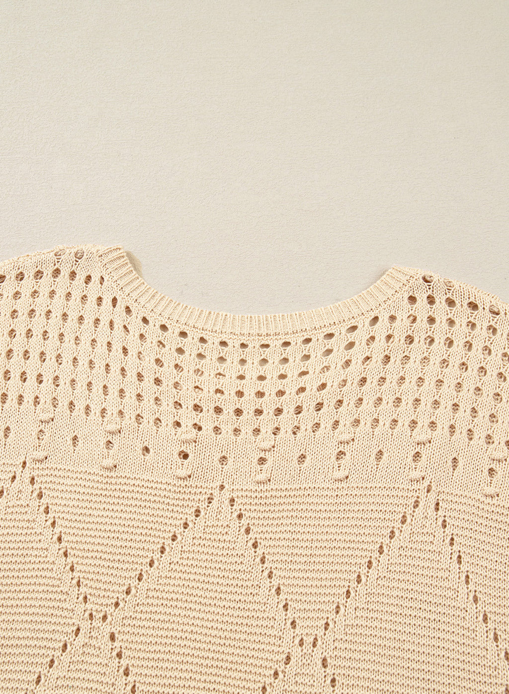 Solid Color Hollowed Detail Rhombus Pattern Knit Short Sleeve Sweater