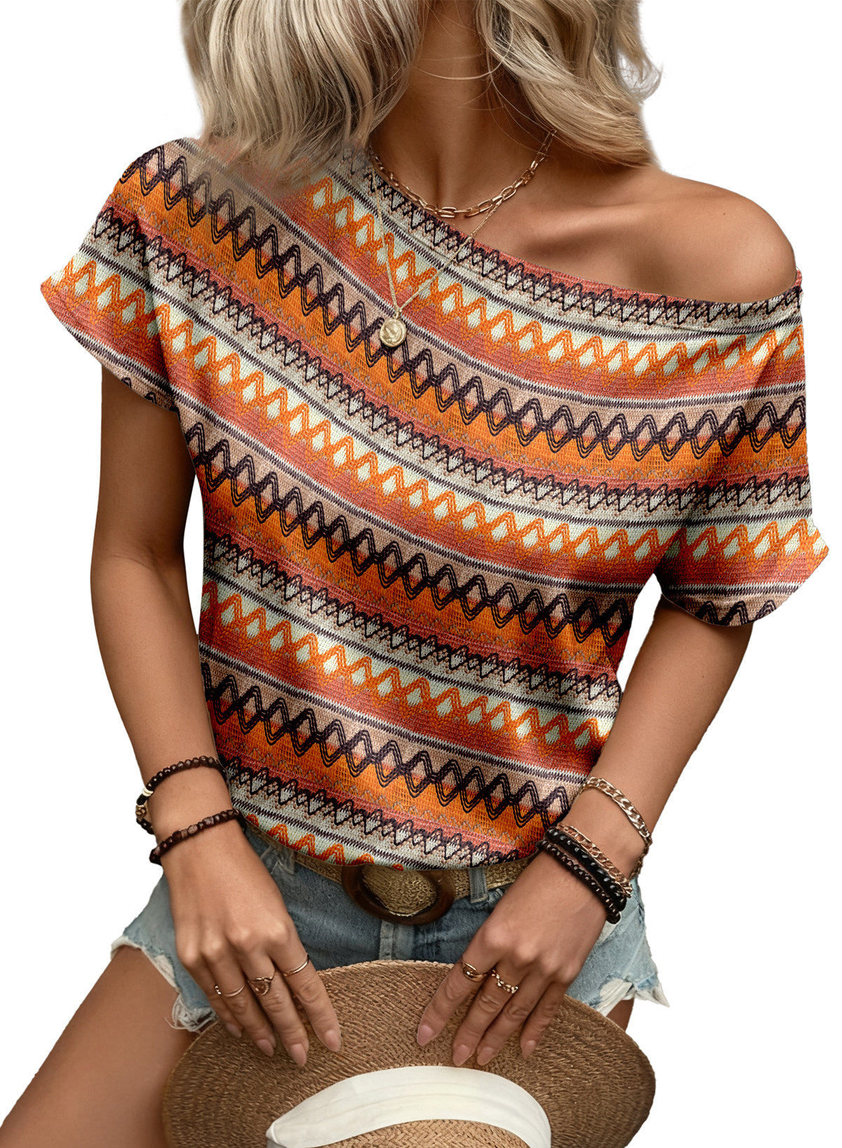 EMERY ROSE Women Geometric Print Round Neck Short Sleeve Casual T-Shirt