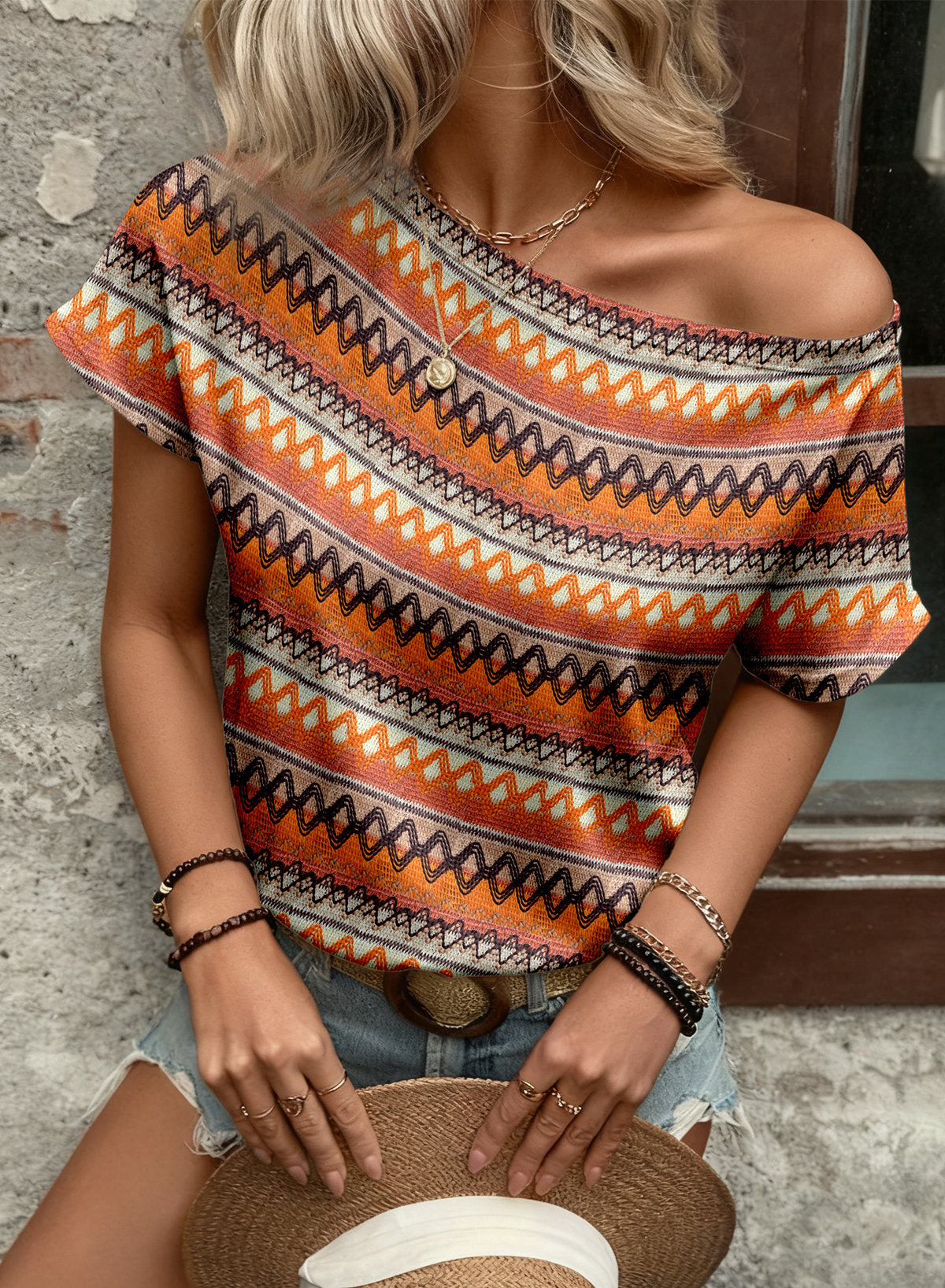 EMERY ROSE Women Geometric Print Round Neck Short Sleeve Casual T-Shirt