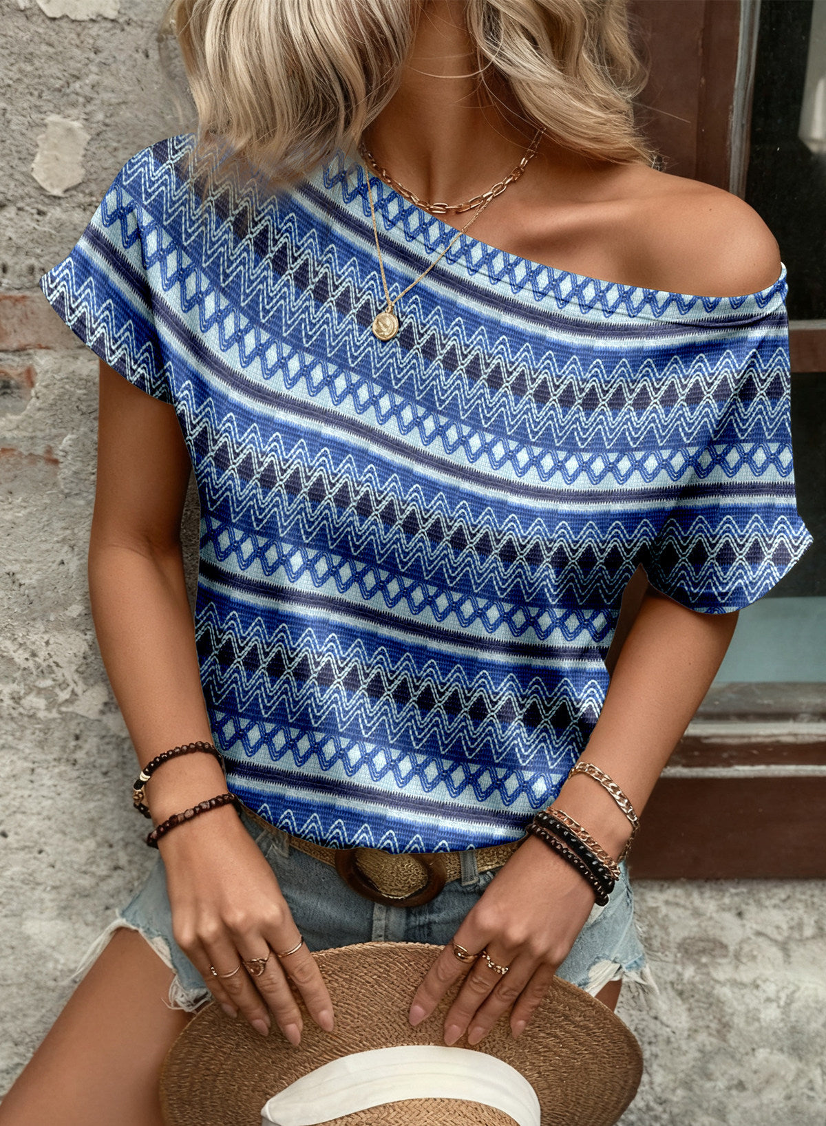 EMERY ROSE Women Geometric Print Round Neck Short Sleeve Casual T-Shirt