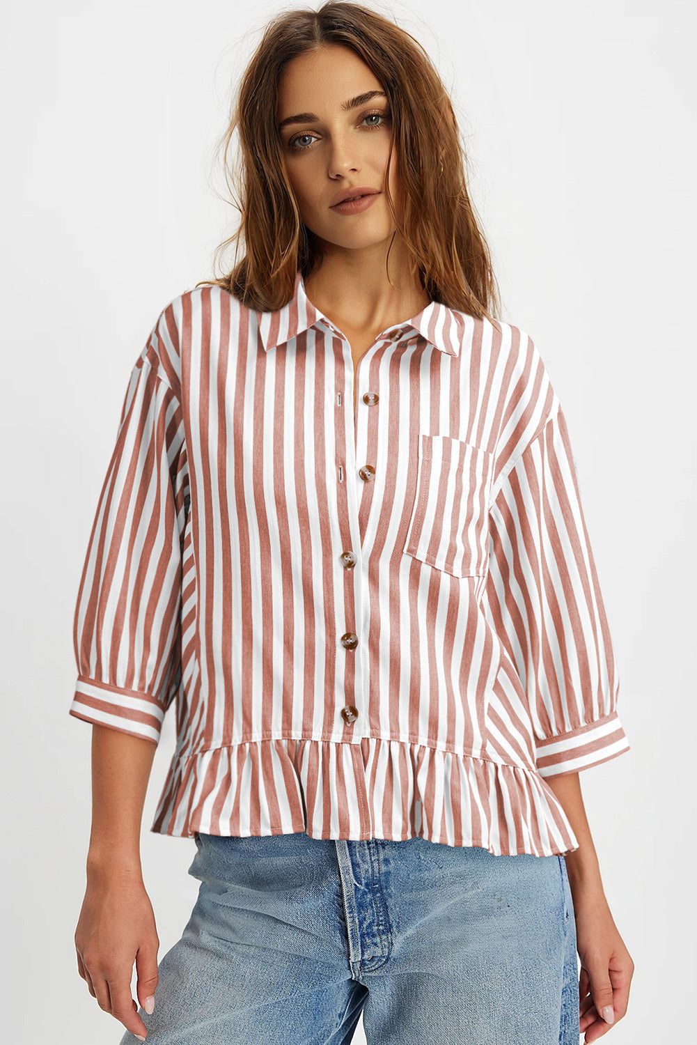 Womens Cropped Striped Button Down Shirts Ruffle 3/4 Length Sleeve Summer Tops Dressy Casual Blouses