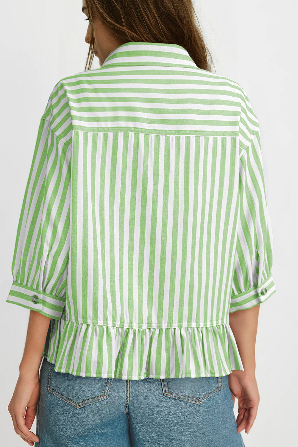 Womens Cropped Striped Button Down Shirts Ruffle 3/4 Length Sleeve Summer Tops Dressy Casual Blouses