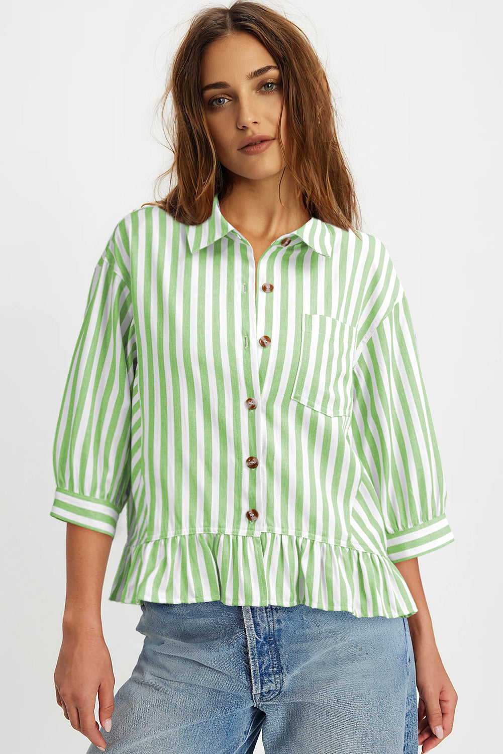 Womens Cropped Striped Button Down Shirts Ruffle 3/4 Length Sleeve Summer Tops Dressy Casual Blouses