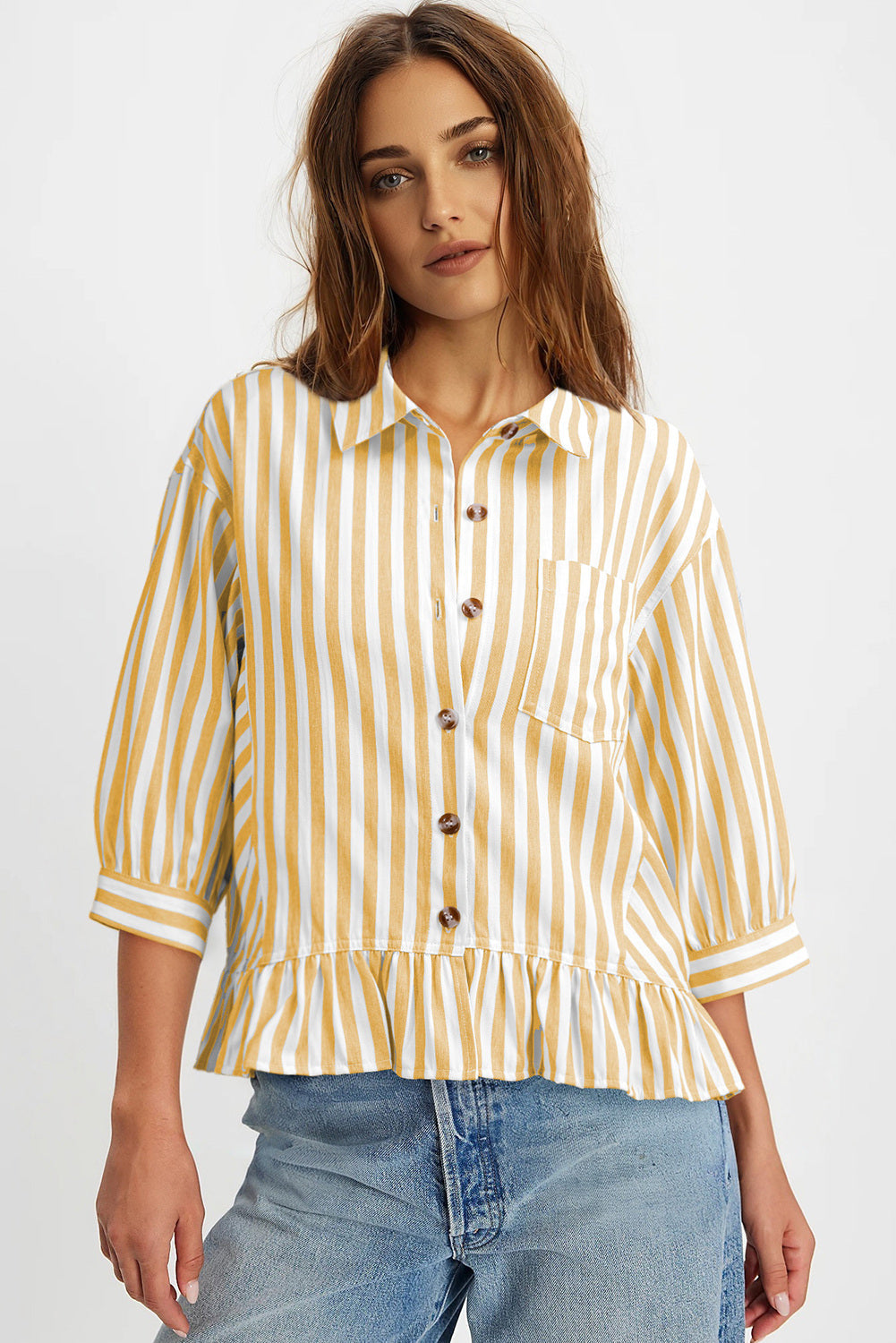 Womens Cropped Striped Button Down Shirts Ruffle 3/4 Length Sleeve Summer Tops Dressy Casual Blouses