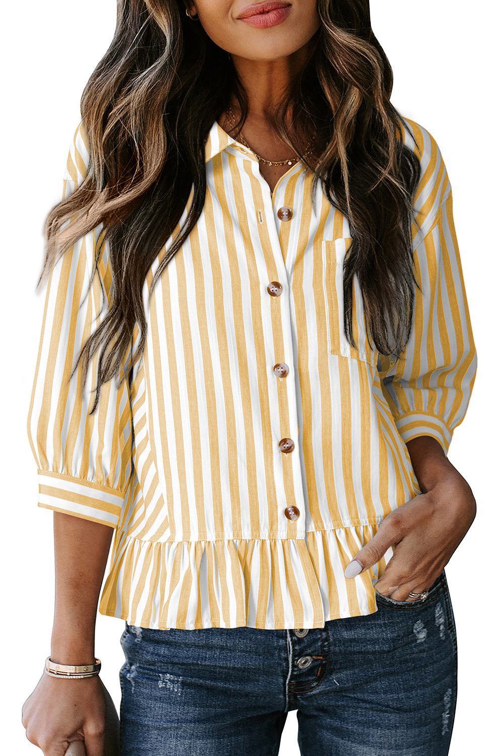 Womens Cropped Striped Button Down Shirts Ruffle 3/4 Length Sleeve Summer Tops Dressy Casual Blouses