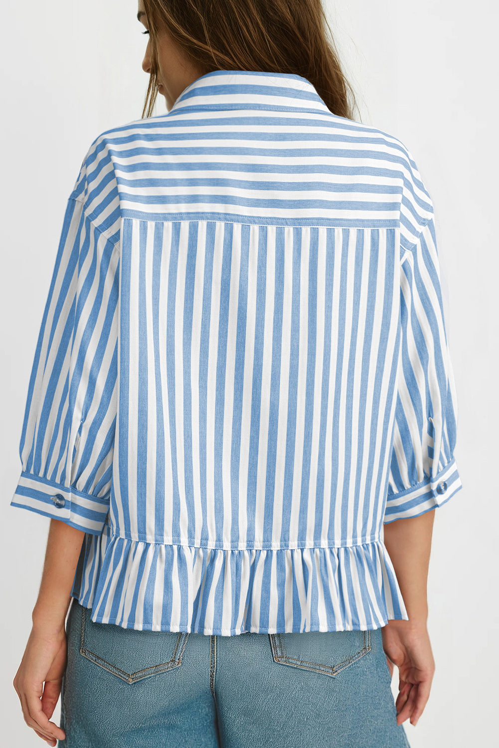 Womens Cropped Striped Button Down Shirts Ruffle 3/4 Length Sleeve Summer Tops Dressy Casual Blouses