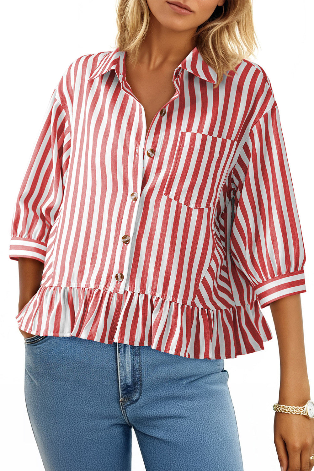 Womens Cropped Striped Button Down Shirts Ruffle 3/4 Length Sleeve Summer Tops Dressy Casual Blouses