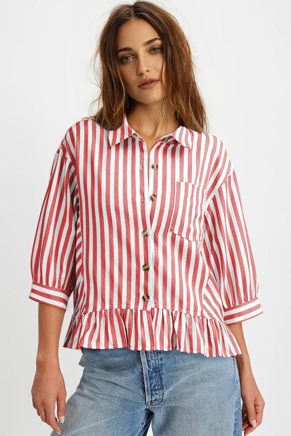 Womens Cropped Striped Button Down Shirts Ruffle 3/4 Length Sleeve Summer Tops Dressy Casual Blouses