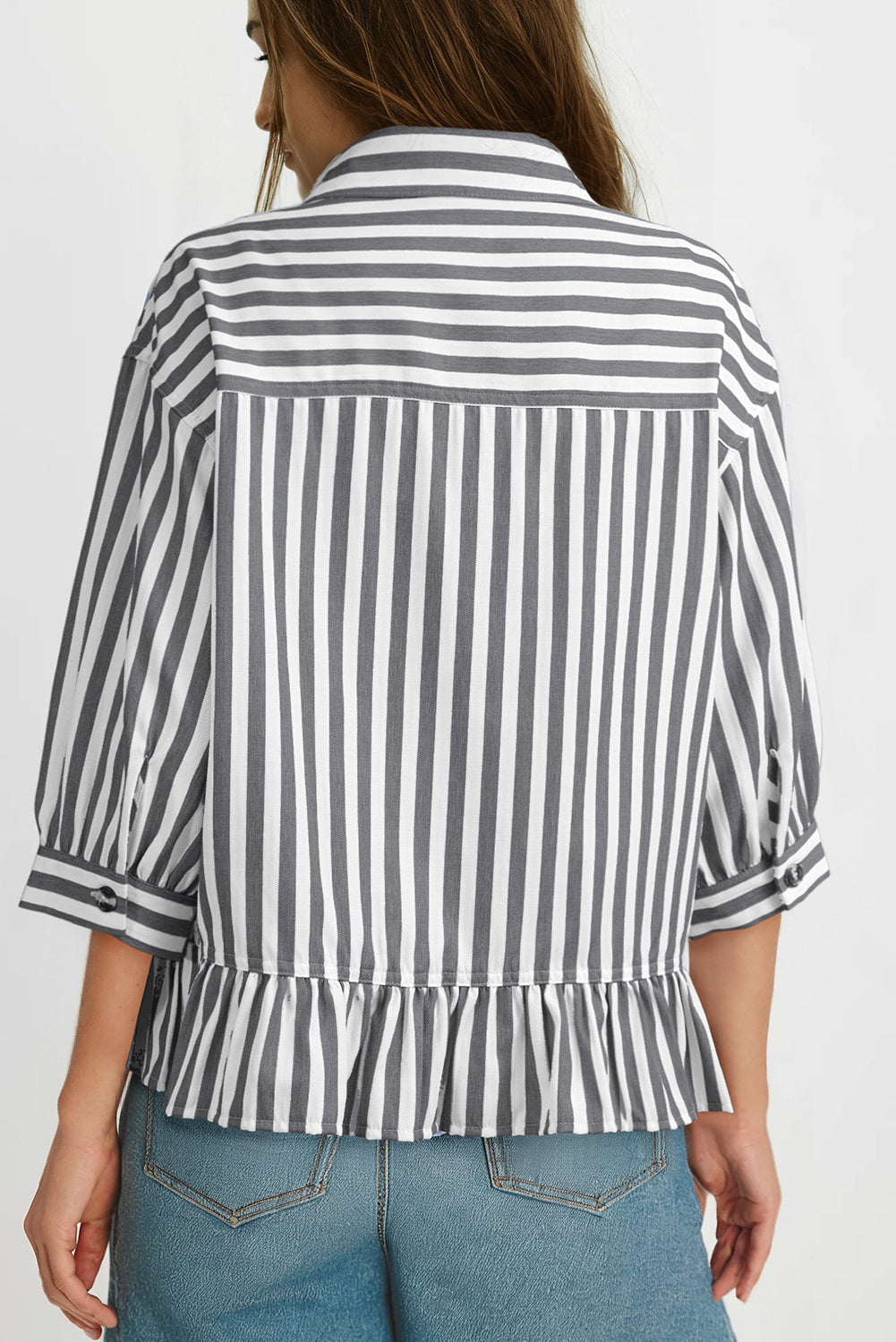 Womens Cropped Striped Button Down Shirts Ruffle 3/4 Length Sleeve Summer Tops Dressy Casual Blouses