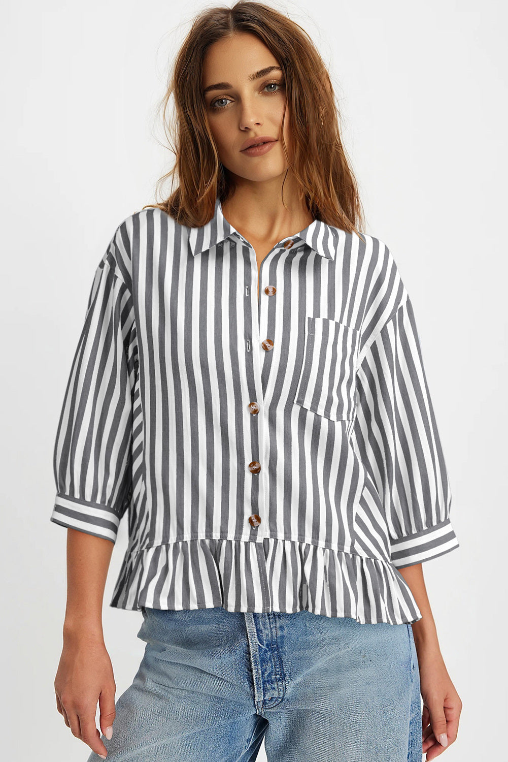 Womens Cropped Striped Button Down Shirts Ruffle 3/4 Length Sleeve Summer Tops Dressy Casual Blouses