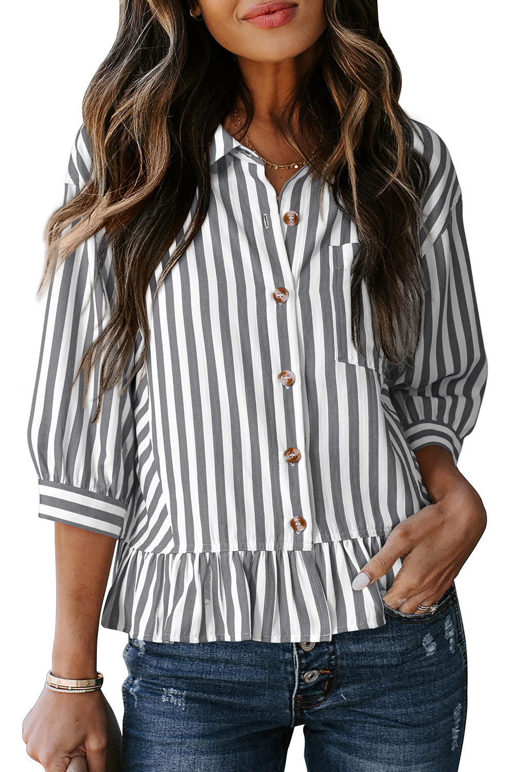 Womens Cropped Striped Button Down Shirts Ruffle 3/4 Length Sleeve Summer Tops Dressy Casual Blouses
