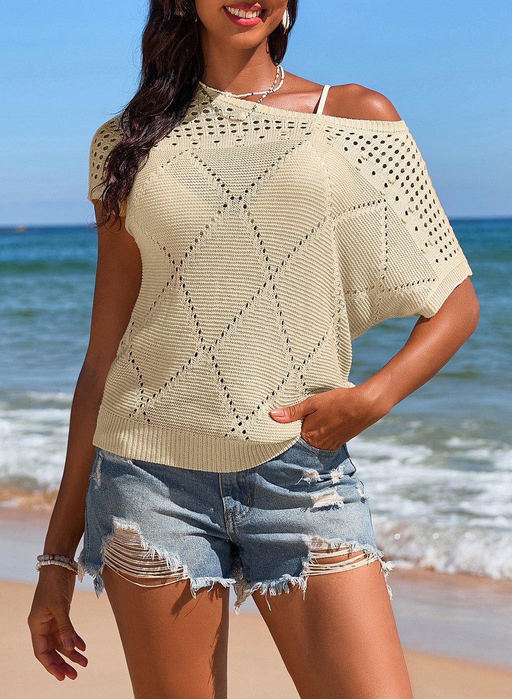 Solid Color Hollowed Detail Rhombus Pattern Knit Short Sleeve Sweater