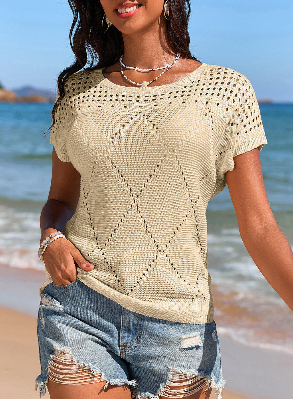 Solid Color Hollowed Detail Rhombus Pattern Knit Short Sleeve Sweater