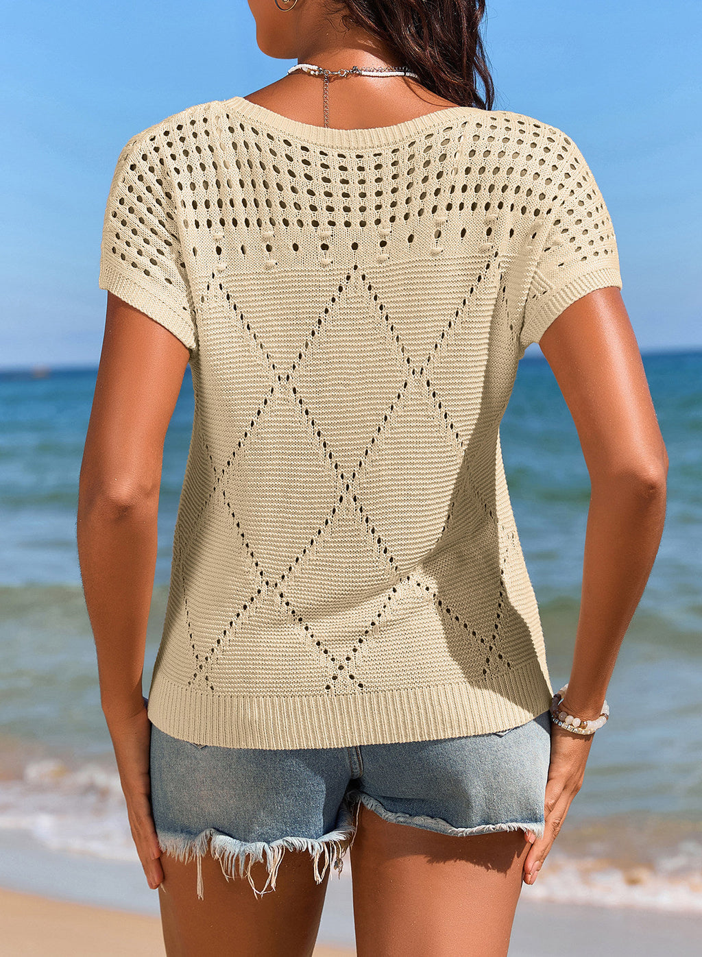 Solid Color Hollowed Detail Rhombus Pattern Knit Short Sleeve Sweater