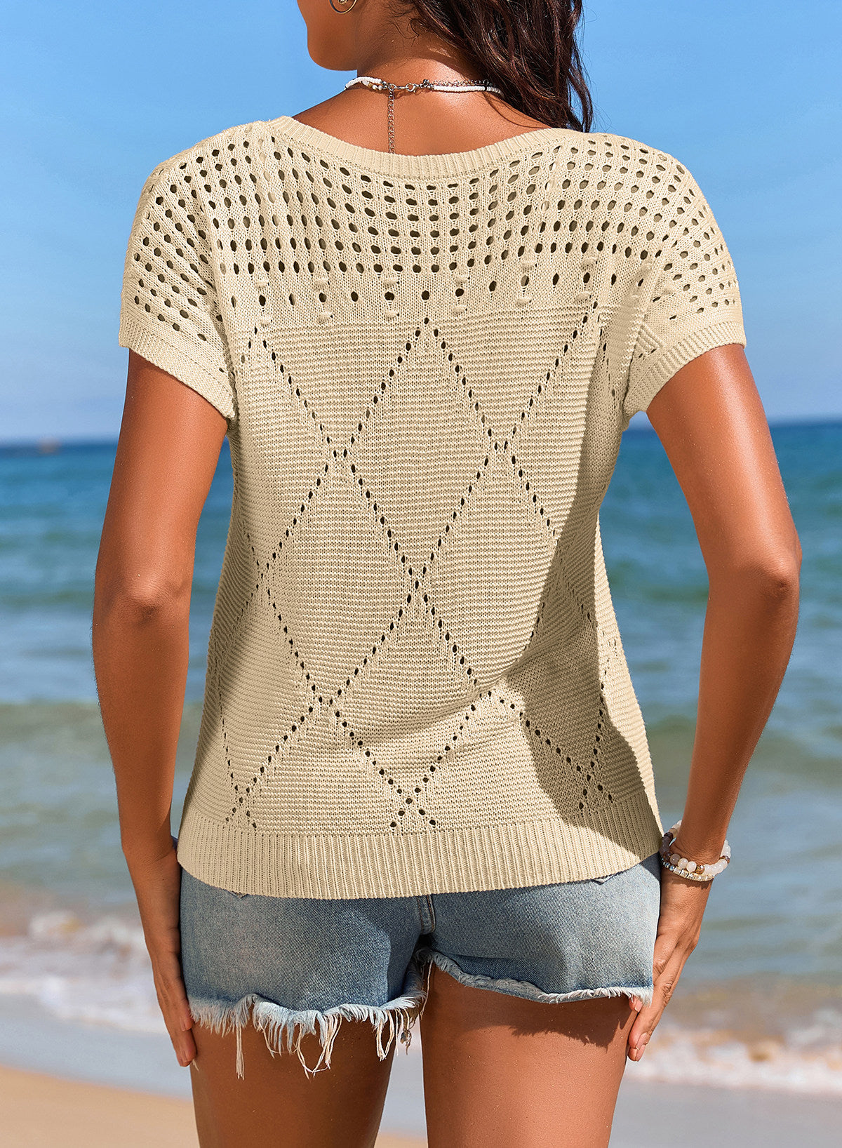 Solid Color Hollowed Detail Rhombus Pattern Knit Short Sleeve Sweater